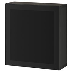 a black cabinet with an open door on the front and bottom panel, it is empty