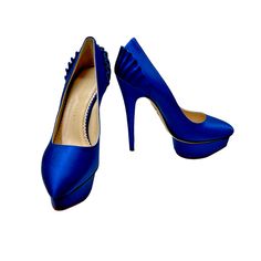 Charlotte Olympia Women's Paloma Blue Silk Satin Platform Pumps With Box Features Include Classic Almond Toe Sits Atop 1 1/4" Silk Covered Island Platform. 5 3/4" Covered Heel; 4 1/2" Equivalent. "Dolly" Is Made In Italy. 100% Authentic/See Tags Attached. Comes With Matching Tights. Size Us: 5.5 / Size Eu: 36 New Retail: $975.00 Hassle-Free No Cost Returns Shop With Confidence Trusted Seller, Selling Fashion For Over 25 Years Elegant Blue Wedding Shoes For Evening, Blue Fitted Heels For Gala, Elegant Blue Pointed Toe Wedding Shoes, Elegant Blue Closed Toe Wedding Shoes, Chic Blue Heels For Gala, Chic Blue Wedding Shoes For Evening, Formal Fitted Blue Heels, Elegant Blue High Heels, Elegant Royal Blue Formal Heels