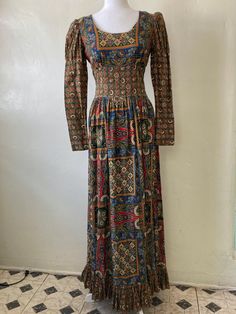 70's Multi-Print Mutton-Sleeve Maxi DressA mixture of colorful primary printsB 34"W 26"L 57"S 24" Author Dreams, Mutton Sleeve, 70s Maxi Dress, 70s Show, Personal Style Inspiration, Clothes Sewing, Sleeve Maxi Dress, Clothing Inspiration, Maxi Dress With Sleeves