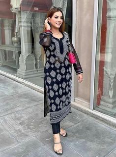 #dress #outfits #makeup Lakhnavi Chikankari Kurta, Chikankari Kurti With Jeans Outfit, Chikankari Kurta Designs, Chikankari Kurti Designs Latest, Lakhnavi Kurta Design, Kurti With Jeans Outfit, Chikankari Kurti With Jeans, Black Chikankari Kurti, Lakhnavi Kurti