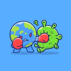 an illustration of a cartoon character punching the earth with boxing gloves, on a blue background