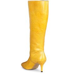 The Saint Adella yellow leather boot is a luxury that cleverly combines a stylish youthful outlook. These knee high boots have a emobssed leather upper and a pointed toe to add a touch of style to your everyday look. Made from the finest materials. Features a covered stiletto heel, stitching details with paneled finish. complete with leather & fleece lining, padded leather footbed with stamped logo. the gorgeous boot sit on a 2.9 inches stiletto heel. The approx. height of the boot is-18.5 Inche Yellow Round Toe Heeled Boots For Fall, Yellow High Heel Boots For Fall, Yellow Leather Boots For Fall, Chic Yellow Boots For Fall, Yellow Leather Boots With Snip Toe, Yellow Pointed Toe Party Boots, Yellow Pointed Toe Boots For Party, Yellow High Heel Leather Boots, Fitted Yellow High Heel Boots