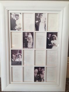 a white framed wedding photo with pictures on it