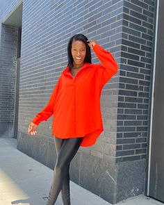 This comfy and stylish Orange Oversized Button Up Shirt will be your go-to for any occasion. It's oversized fit adds a relaxed, laid-back vibe to any look. Plus, the bright orange color stands out and adds an extra bit of flare you need! You'll never have a boring day when this statement-making piece is in the mix! Oversized button up shirt with back yoke. Fold over collar and button placket. Long sleeves with button cuffs Model is wearing a size small 34b chest 27in waist 35in waist Orange Oversized Shirt Outfit, Trendy Orange Shirt With Buttons, Oversized Orange Shirt With Long Sleeves, Orange Shirt Outfit, Oversized Button Up Shirt, Oversized Red Button-up Blouse, Orange Button-up Shirt With Button Closure, Boring Day, Orange Shirt