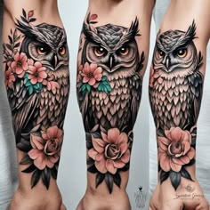 two women with tattoos on their arms and legs, both have an owl in the center