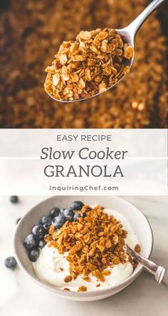 an easy recipe for slow cooker granola with yogurt and blueberries