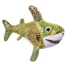 a stuffed toy shark that is green and yellow