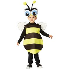 a little boy wearing a bee costume with big blue eyes and large antennae on his head