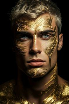 a man with gold paint on his face and chest is looking at the camera while he wears