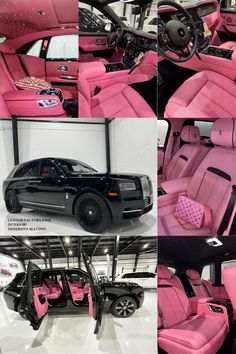 the interior of a pink car with black trims and leather seats is shown in this collage