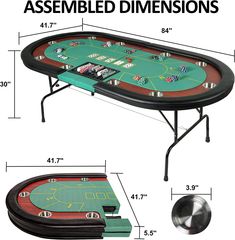 the table is shown with measurements for different games and tables to play in it's own area