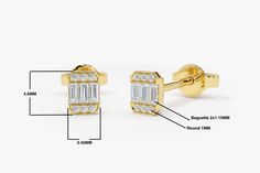 "Baguette Diamond Studs / Mini Diamond Stud Earrings / Tiny Baguette Diamond Earrings / Minimal Dainty Diamond Earrings by Ferkos Fine Jewelry Features ✔Made to Order ✔Gold Kt: 14K (also available in 18K) ✔Available Gold Color: Rose Gold, Yellow Gold, White Gold ✔Length & Width: 4.6MM x 3.45MM ✔Baguette Diamond: 6 pcs 2.x1.15 MM (for the Pair) ✔Round Diamond: 12 pcs 1 MM (for the Pair) ✔Number of Stones: 18 ✔Total CTW: 0.10 ✔ Diamond Color-Clarity: G Color SI Clarity ✔Ready to Ship in 1-3 Bu Gold Baguette Earrings For Anniversary, Gold Baguette Earrings For Formal Occasions, Formal Gold Baguette Earrings, Classic Baguette Earrings For Gift, Gold Rectangular Earrings With Baguette Diamonds, Yellow Gold Baguette Earrings For Gift, Baguette Yellow Gold Earrings As Gift, Baguette Yellow Gold Earrings For Gift, Dainty Diamond Earrings