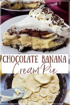 chocolate banana cream pie on a white plate