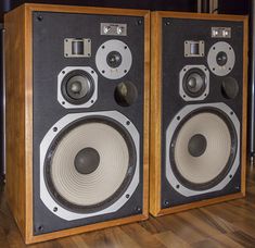 two speakers sitting side by side on top of a hard wood floor