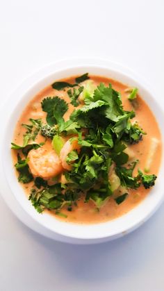 a bowl of soup with shrimp and cilantro