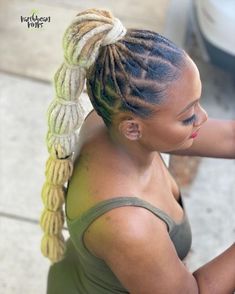 • @nature_u_mains • Loc Styles For The Gym, Bubble Ponytail Locs, Loc Bubble Ponytail, Long Loc Ponytail Styles Dreadlocks, Long Blonde Locs, Female Dreadlocks Styles Long, Loc Wedding Hairstyles Brides, Blond Locs, Loc Styles Medium Updo Women