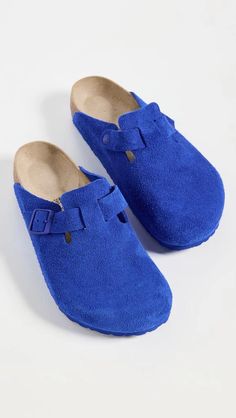 Birkenstock Boston Clogs Blue Slip-on Clogs With Cork-bed Midsoles, Blue Suede Slip-on Clogs, Blue Suede Clogs With Round Toe, Casual Blue Mules With Leather Footbed, Blue Closed Toe Clogs With Leather Footbed, Blue Clogs With Leather Footbed And Round Toe, Berkinstock Boston, Birkenstock Boston Clogs, Boston Clogs