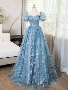 A-Line Tulle Lace Gray Blue Long Prom Dress, Gray Blue Long Sweet 16 Dress Blue Gowns Elegant Ball, Modest Sweet 16 Dresses, Prom Dress Whimsical, Ball Dresses Blue, Fancy Formal Dresses, Icy Blue Dress, Blue Long Dresses, Blue Fancy Dress, Fairytale Ballgown