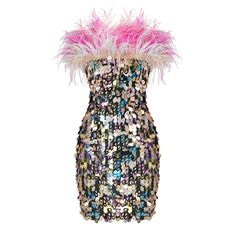 Upgrade your wardrobe with our stylish Feather Trim Sequined Tube Dress. This purple mini dress is adorned with feather trim and sparkling sequins, making it perfect for any special occasion. Stand out from the crowd with this elegant and glamorous dress. Fabric: Slight Stretch Material: Polyester Fiber Glamorous Sequined Flapper Dress For Costume Party, Elegant Dresses With Feather Trim For Costume Party, Glamorous Feathered Summer Dress, Glamorous Summer Dress With Feathers, Glamorous Feather Trim Flapper Dress For Party Season, Glamorous Feather Trim Flapper Dress For Evening, Glamorous Flapper Dress With Feather Trim For Party Season, Elegant Party Flapper Dress With Feather Trim, Elegant Flapper Dress With Feather Trim For Party