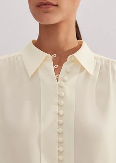 Women's Cream Silk Button Layering Shirt + Tie | ME+EM Outfit Building, Stylish Blouses, Casual Blouse Shirts, Ankle Sleeve, Ladies Blouse Designs, Soft Tailoring, Layered Shirts, Maxi Shirts, Cashmere Color