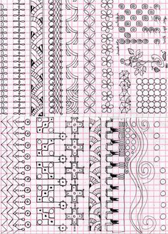 some doodled designs on a sheet of lined paper with lines and dots in the background