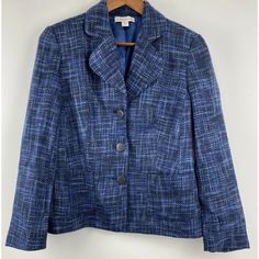 Coldwater Creek Size 8 Womens Blue Black Tweed Button Up Long Sleeve Blazer Jacket Nwt Approximate Flat Lay Measurements -19.5” Pit To Pit -25” Length (355e) Casual Tweed Jacket For Office With Button Closure, Casual Tweed Jacket For Office, Tailored Blue Tweed Outerwear, Blue Tailored Tweed Outerwear, Elegant Blue Tweed Jacket With Buttons, Blue Outerwear With Buttons For Business Casual, Fitted Blue Tweed Jacket With Button Closure, Fitted Blue Tweed Outerwear, Blue Business Casual Outerwear With Buttons