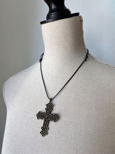 "Gothic cross necklace from Haizea Couture Large cross pendant choker necklace perfect accessory for your steampunk or dark academia costume! This unisex necklace is made of antique gold color cross and adjustable cotton cord. NECKLACE DETAILS ⚬ Handmade in our atelier with lot of care. ⚬ Ready to ship. ⚬ Antique gold color cross. ⚬ Adjustable cotton cord. MORE ACCESSORIES IN OUR SHOP: https://www.etsy.com/shop/HaizeaCouture FOLLOW US Facebook: haizeaarranz Instagram: @haizearranz QUESTIONS? Just use the \"Message Haizea\" button below and we'll be happy to help! Thanks for shopping at Haizea Couture! © 2023 Haizea Arranz. All rights reserved" Gothic Cross Necklace, Antique Gold Pendant, Goth Accessories, Gothic Cross, Gothic Crosses, Gothic Necklace, Steampunk Costume, Necklace Antique, Unisex Necklace