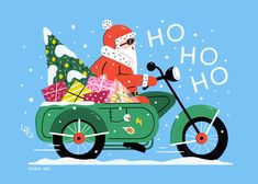 santa riding on a motorcycle with presents in the back