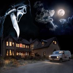 a large house with a giant knife sticking out of it's face next to a van