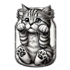 a drawing of a cat in a glass jar