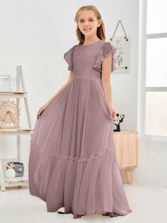 This junior chiffon bridesmaid dress features elegant cap sleeves and an A-line shape, topped with delicate lace. Subtle yet sophisticated, this dress is perfect for any wedding party. White Wisteria, Line Silhouette, Junior Bridesmaid Dress, Girl Inspiration, Junior Bridesmaid Dresses, Chiffon Bridesmaid Dress, Junior Bridesmaid, Dress Purchase, Chiffon Bridesmaid