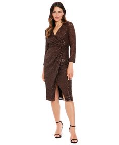 in stock Holiday Long Sleeve Metallic Sequin Dress, Elegant Metallic Sequin Dress With V-neck, Metallic Long Sleeve Sequin Mini Dress, Evening Brown V-neck Mini Dress, Metallic V-neck Sequin Cocktail Dress, Sequin Wrap Dress, Pants Shirt Men, Under Pants, Tall Jeans