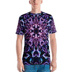 "Indigo Blossoming - Energy Mandala Shirt, Sacred Geometry Shirt, Yoga Shirt, Festival Clothing, Burning Man Clothing, Meditation Shirt, Psychedelic Shirt, Trippy Shirt, Hippie Shirt, Rave TShirts, Festival Wear, Energy Healer Sacred Geometry Mandala.  This sublimated unisex t-shirt is vibrantly colored with indigo purple, blue, and whites geometrically merging to make an intuitive energetic mandala design. The tee itself is super smooth, super comfortable, and made from a cotton-touch polyester jersey that won't fade after washing! The perfect shirt to wear during meditation sessions, energy healing sessions, to yoga class, raves or music festivals, or to express your vibrant personality! An unforgettable healing mandala yoga gift for high energy people! \"And the day came when the risk t Purple Printed Tops For Streetwear, Multicolor Sublimation Print Tops For Festivals, Multicolor Tops With Sublimation Print For Festivals, Purple Graphic Tee With Custom Print, Pink Short Sleeve T-shirt For Festivals, Festival Tops With All Over Print And Short Sleeves, Purple Short Sleeve Top With All Over Print, Purple Sublimation Print Top For Summer, Purple Tops With Sublimation Print For Summer