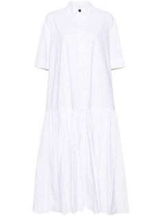 optical white cotton poplin texture classic collar concealed front button fastening short sleeves split cuffs drop waist flared straight hem mid-length Classic White Cotton Midi Dress, White Short Sleeve Shirt Dress For Work, White Cotton Short Sleeve Shirt Dress, White Short Sleeve Cotton Shirt Dress, Classic White Knee-length Shirt Dress, White Short Sleeve Shirt Dress For Daywear, White Short Sleeve Midi Dress For Work, Summer Shirt Dress With Pleated Hem For Daywear, Summer Pleated Hem Shirt Dress For Daywear