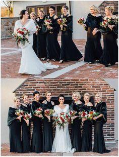 the bride and her bridal party in black dresses