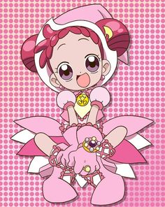 an anime character holding a stuffed animal on top of a pink and white polka dot background