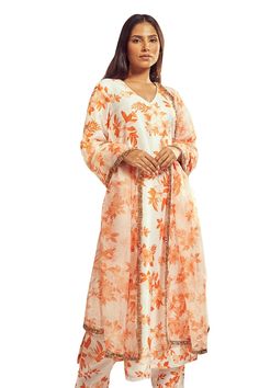 Burnt orange bell sleeves A-line kurta with all over floral print. Paired with a matching printed pant and a dupatta with gold trim lace detailing on the borders. - Aza Fashions V Neck Kurta, Kurta Pant Set, A Line Kurta, Kurta With Pants, Pants Pattern, Pant Set, Printed Pants, Set For Women, Aza Fashion