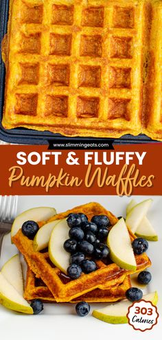 soft and fluffy pumpkin waffles with blueberries are the perfect breakfast or brunch treat