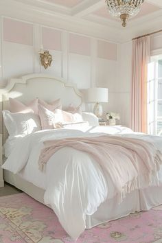 a bedroom with pink and white walls, a chandelier and a large bed