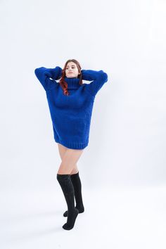 "Make a definite statement with your style by completing a cool outfit with this blue turtleneck wool sweater that has a distinctive design that will add an edgy detail to a fashion-forward look. The chunky knit and slightly oversize loose fit has 2 layers of high quality wool that's made for comfort and good visual look. DETAILS - Made from 100% high quality wool - The sweater is knitted of high quality premium wool - The model is 170 cm tall (regular S) - The sweater on picture is size XL-2XL Oversize Knit Cardigan, Blue Wool Sweater, High Knee Socks Outfit, Cable Knit Socks, Blue Turtleneck, Chunky Turtleneck Sweater, Chunky Jumper, Oversize Pullover, Cool Outfit