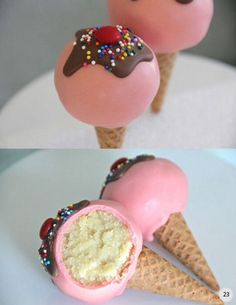 two pictures of ice cream cones with sprinkles on them