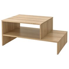 a wooden coffee table with two shelves on each side