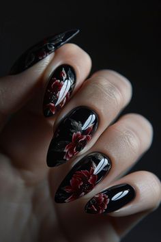 Midnight Elegance: Nail Designs for a Black Dress! #halloween #nails Black Nails With Floral Design, Black Nails Fancy, Gothic Rose Nails, Gothic Bridal Nails, Cute Dark Nails Designs, Gothic Floral Nails, Elegant Goth Nails, Gothic Romance Nails, Floral Black Nails