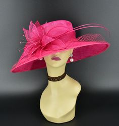 ✿*.Key Features.*✿ Sinamay petal flower with matching color beads and two quills, wide brim cover veil, very beautiful. Great for Kentucky derby, weddings, church, Easter, Royal Ascot, horse races, cocktails, tea party, or any hat wearing occasion. Hat base size: From front to back: 15.5" (39.5 cm) From left to right: 17.5" (44.5 cm) Wide brim Appr: 4-6" Head girth: 22.5"(57cm), adjustable string inside to make smaller to fit your head.   If you want other colors in this style, just search the same item code in my store, you will find them. ✿*.Tip.*✿ ❣️If you want a customized piece, please follow the instructions below: 🔹Present style of hat or fascinator you would like from the store, with additional photos of your outfit and any other details you'd like me to know. 🔹After this process Elegant Handmade Pink Hat, Pink Flower-shaped Costume Hats And Headpieces For Party, Pink Flower-shaped Costume Hat For Parties, Handmade Pink Wedding Headpiece, Elegant Handmade Wedding Hat, Pink Flower-shaped Party Costume Hat, Handmade Pink Fascinator For Wedding, Elegant Pink Costume Hats And Headpieces With Handmade Flowers, Elegant Pink Costume Hats With Handmade Flowers