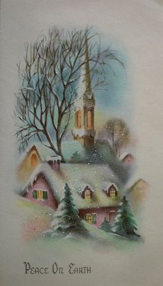 a christmas card with a church in the background and trees on it's side