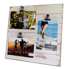 three photos hanging on a wooden board with magnets