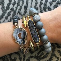 Our Geode Collection is comprised of geode pocks on the surface of stone beads. Geodes are known to have hollow cavities lined with crystals. Black faux diamond jewels accent the perimeter of this piece to give it the perfect druzy shine. We love to stack these with other bracelets to really bring it all together. We hope you love the Geode Collection, exclusively from Kinsley Armelle. Retail Trends, Summer Jewelry Trends, Druzy Jewelry, Diamond Jewel, Black Jewelry, Again And Again, Bracelet Black, Quartz Bracelet, Summer Jewelry