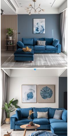 two pictures of a living room with blue couches and paintings on the wall above them