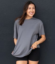 The perfect basic tee for casual everyday comfort with an oversized fit. Also pairs great with our lounge collection for mix-and-match styling. Shannon is 5’10” and is wearing a small. Boxy Top, Southern Shirts, Elbow Length Sleeve, Basic Tee, Casual Everyday, Ribbed Knit, Lounge, How To Wear