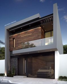 an image of a modern style house with wood and glass on the front entrance door